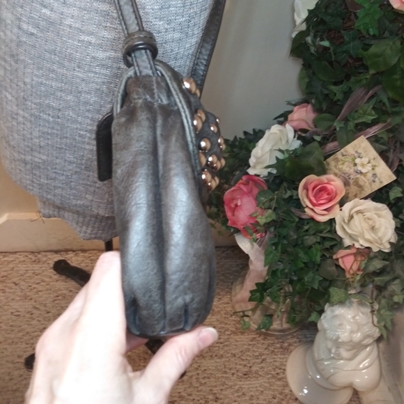 Badgley Mischka Charcoal Leather Boho/Rocker Chic Silver Studded Crossbody Purse - Picture 6 of 13